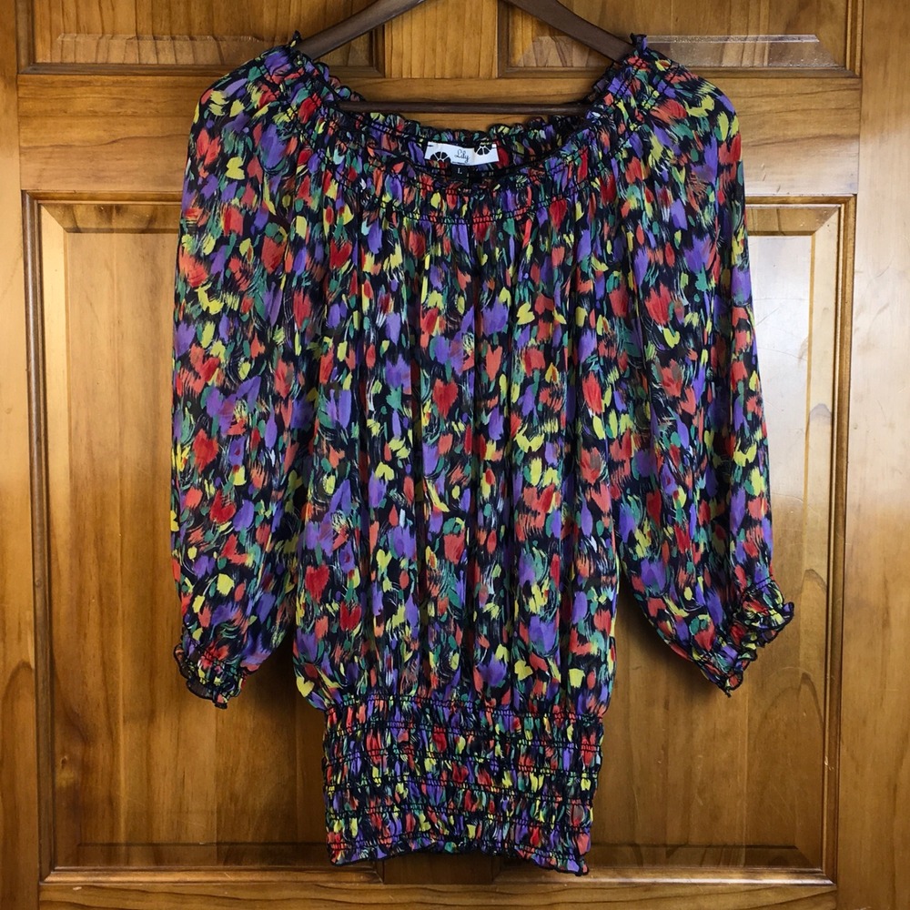 Lily Women L Multi Color Abstract‎ Print Smocked Off Shoulder Chiffon Festival